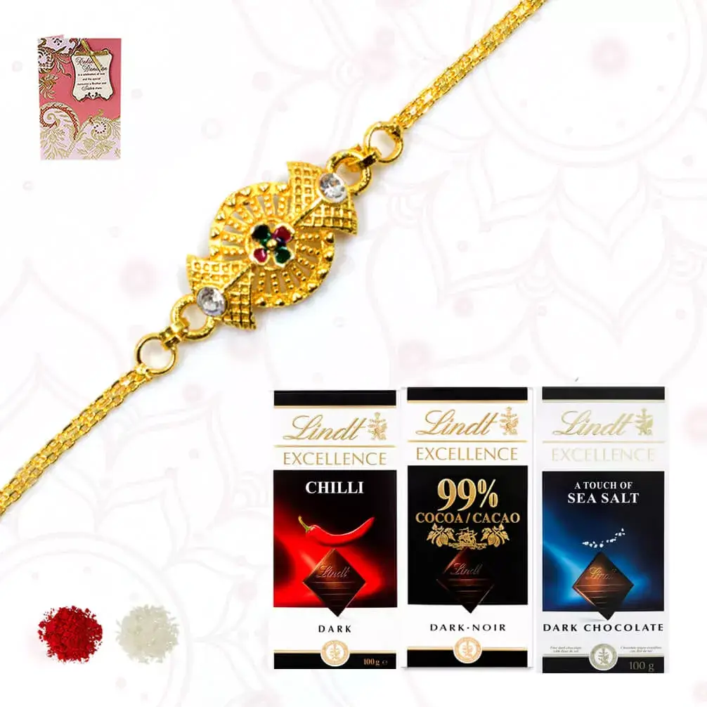 1 Golden plated rakhi with 3 bars of Lindt
