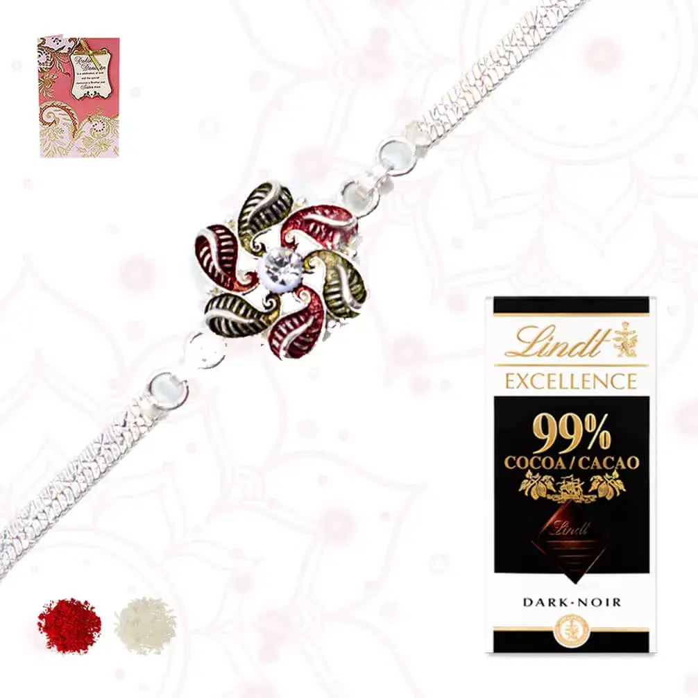1 silver plated rakhi with 1 bar of Lindt chocolate