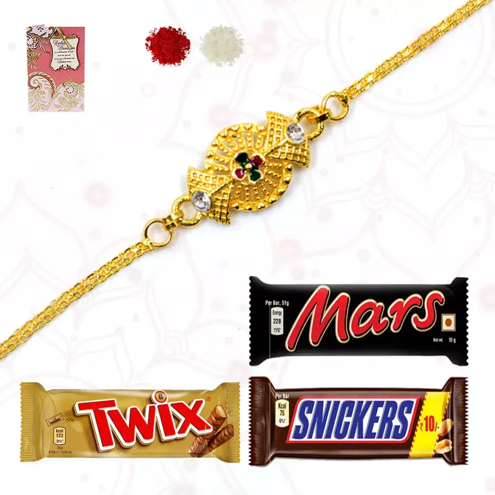 One Golden plated rakhi with 1 Mars, 1 Twix and 1 Snickers
