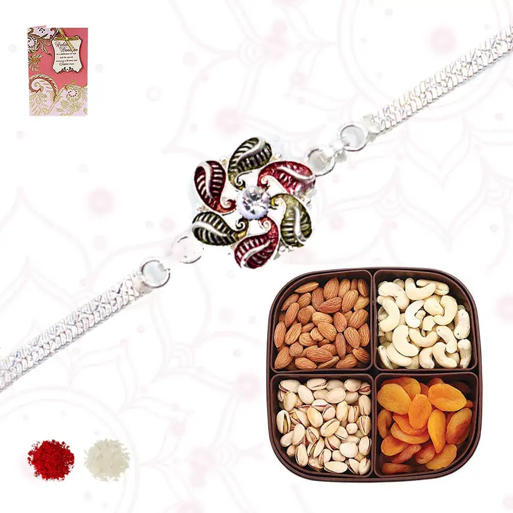 One Silver plated rakhi with dry fruits box of cashews, apricots, almonds and raisins