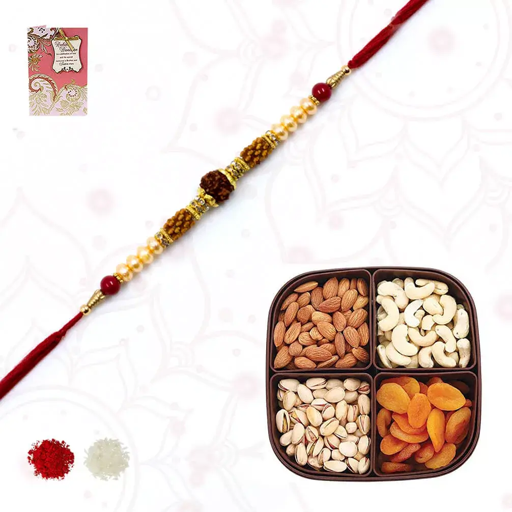 1 Rudraksh rakhi with dry fruits box of cashews, apricots, almonds and raisins