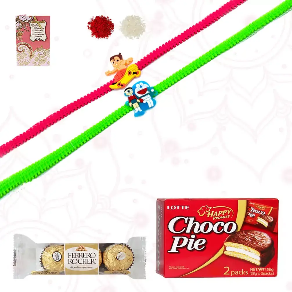 2 KIds Rakhi with 4 pcs Ferrero and a Chocopie Box