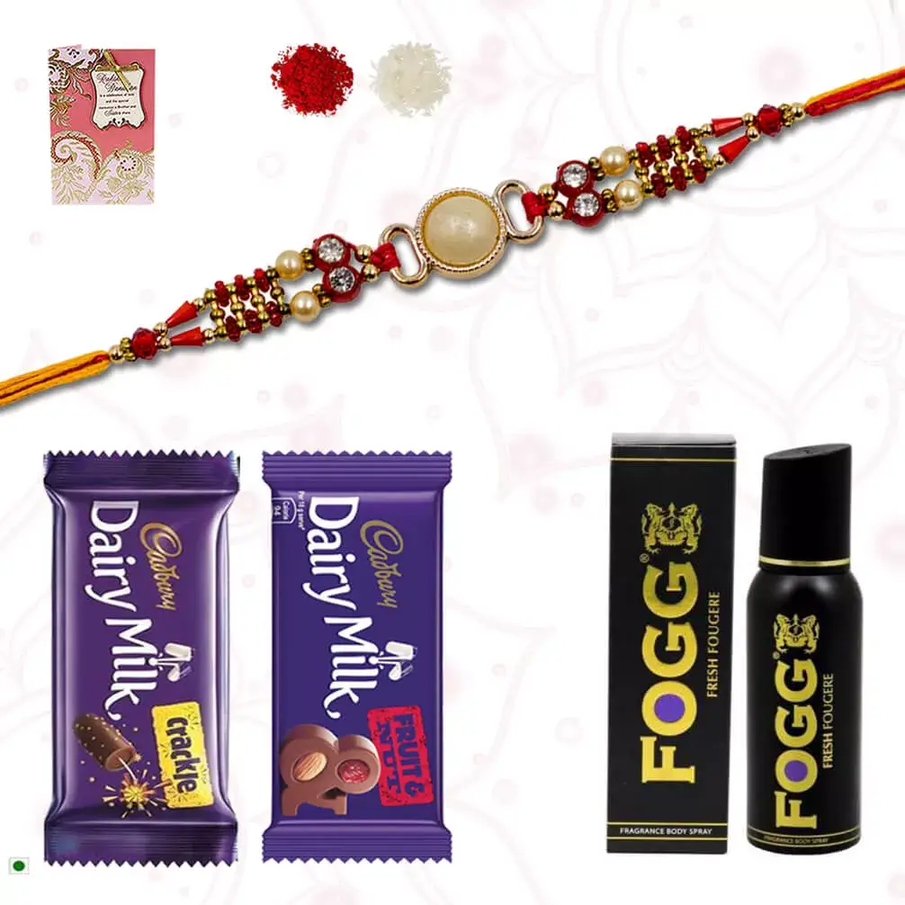1 Designer RAkhi with Fogg deo and 1 Fruit and Nut and 1 Crackle