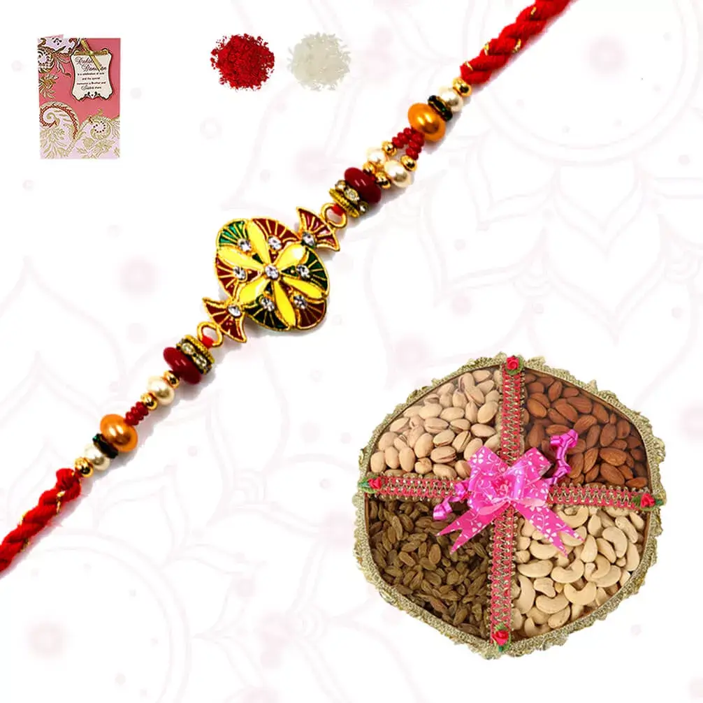 1 Fancy Rakhi with Dryfruits Platter consisiting of Cashew, raisins, almonds and Apricots