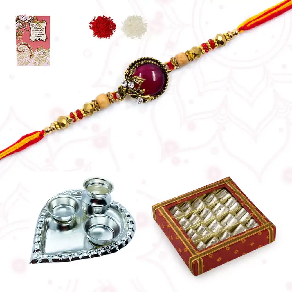 One Fancy rakhi with Kaju pista roll and Heart shape silver plated special puja thali
